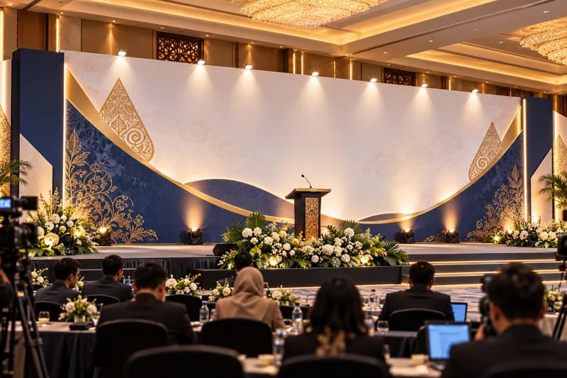 Backdrop panggung seminar dan konferensi ballroom berhias motif batik dan gunungan wayang dengan podium bunga