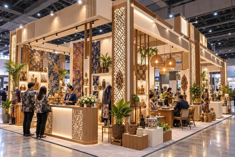 Booth pameran dagang kustom berbahan kayu etnik modern dengan partisi kisi-kisi dan display kain batik
