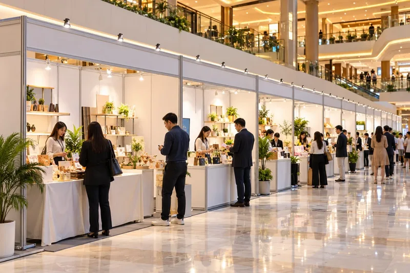 Deretan stan partisi modular pameran kerajinan dan UMKM di atrium mall dengan lantai marmer mengkilap
