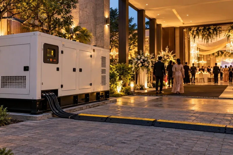 Pemasangan unit genset silent cadangan daya dengan pelindung kabel ramp kuning di luar gedung acara resepsi