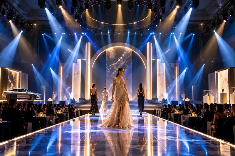 Lintasan panggung catwalk peragaan busana dan peluncuran mobil mewah dengan sorotan truss lighting lingkaran yang artistik