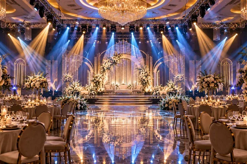 Panggung resepsi pernikahan mewah dan gala dinner ballroom bertabur lampu gantung kristal dan sorotan cahaya keemasan
