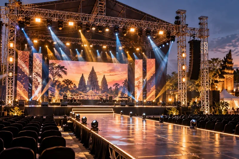 Panggung konser outdoor megah dengan konstruksi rigging kokoh, lintasan catwalk panjang dan tata lampu spektakuler saat senja