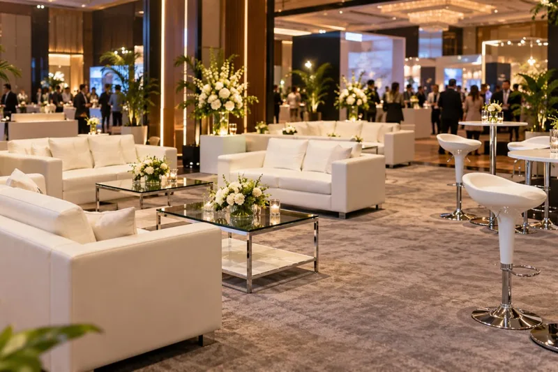 Area lounge dan networking VIP ballroom berfasilitas sofa santai putih modern serta meja barstool cocktail