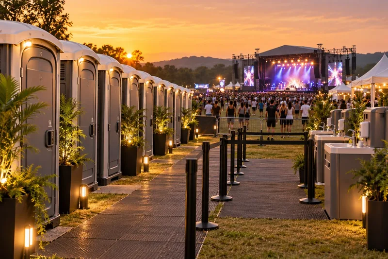 Fasilitas sanitasi toilet portable VIP festival musik senja dengan jalur matting anti-selip dan stasiun wastafel