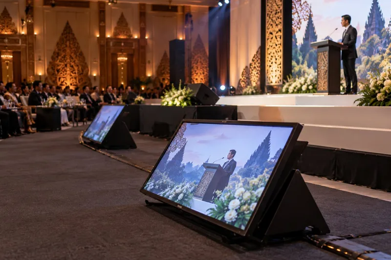 Monitor TV standing panggung floor wedge di lantai panggung konferensi ballroom hotel