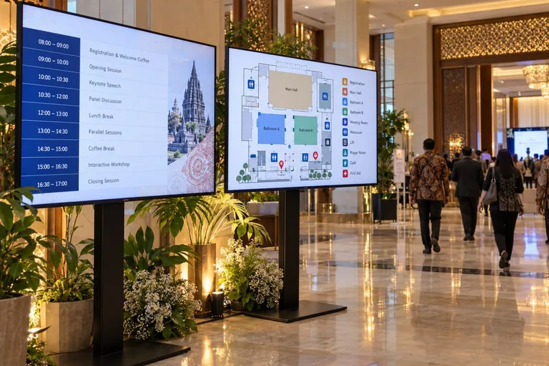 Sepasang TV standing digital display informasi jadwal acara dan denah ruangan di lobi foyer convention center