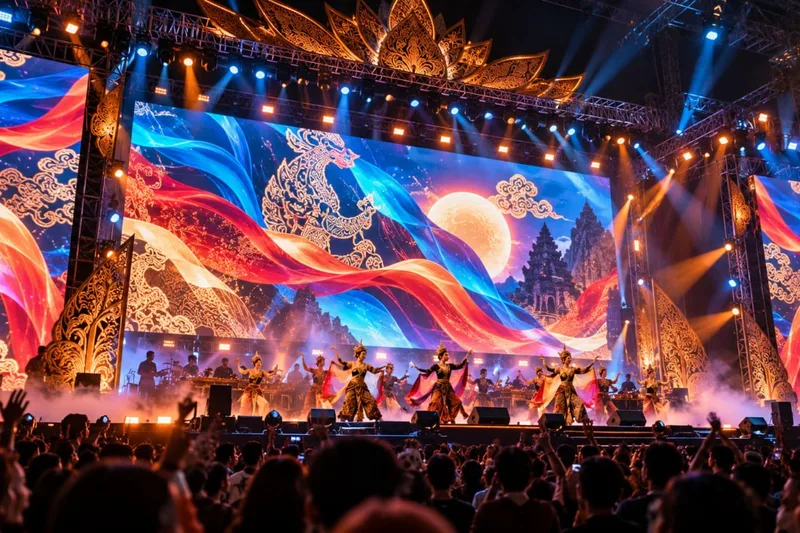 Pementasan tari kolosal festival seni malam hari berpadu dengan animasi grafis dinamis layar videotron LED panggung